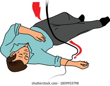 Vector cartoon man lies from electric shock isolated on white background. A man lies in a shirt and trousers from an electric shock