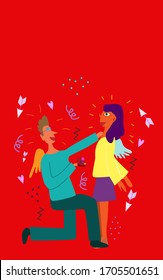 Vector cartoon man makes marriage proposal to girlfriend  and gives an engagement ring. Proposed wedding. 