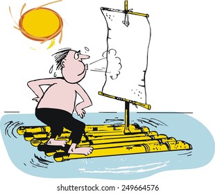 Vector cartoon of man marooned on raft at sea. Because the raft is becalmed and he has no wind power, he is blowing into the sail to make the raft move in the hot sun. 