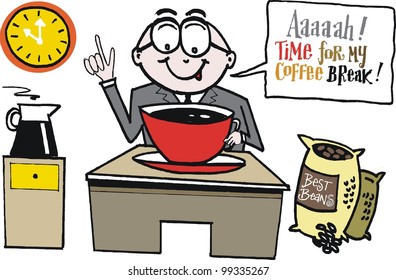 Vector cartoon of man in office with large coffee cup