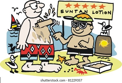 Vector cartoon of man on beach with sun lotion