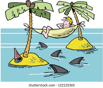 Vector cartoon of man on desert island with hammock and sharks.