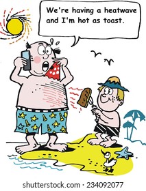 Vector cartoon of man on mobile phone at beach during heatwave