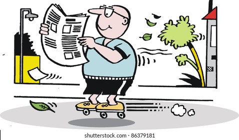 Vector cartoon of man on roller skates reading newspaper