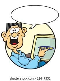 vector cartoon man pointing at computer screen (click here) with space for your text