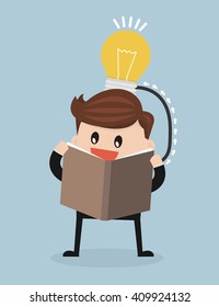 Vector cartoon of man reading a book which create idea, flat design.