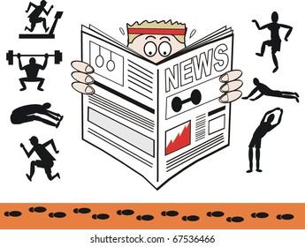 Vector cartoon of man reading gym and exercise newspaper.