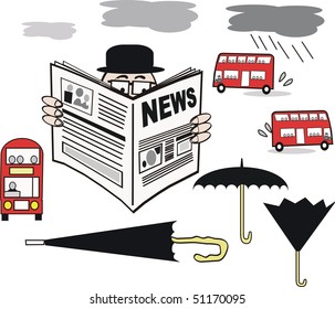 Vector cartoon of man reading newspaper with selection of London buses and umbrellas.