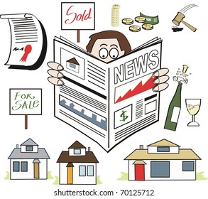 Vector cartoon of man reading real estate newspaper.