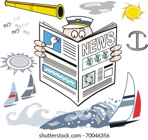 Vector cartoon of man reading yachting newspaper.