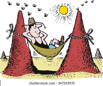 Vector cartoon of man relaxing in hammock in Australian outback.