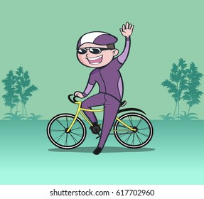 vector cartoon of man riding bicycle in the green park background