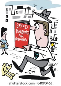 Vector Cartoon Of Man Running Fast While Reading Book