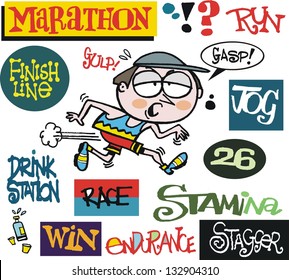 Vector cartoon of man running marathon with signs
