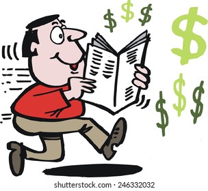 Vector cartoon of man running with newspaper whilst making money