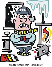 Vector cartoon of man shivering in cold room in winter.