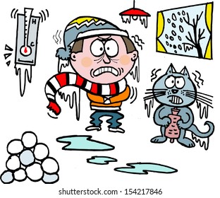 Vector cartoon of man shivering in winter with cold cat.