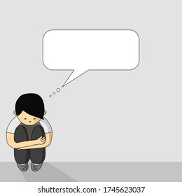 Vector - Hombre de caricatura sentado abrazando su pierna en la planta baja con una burbuja de habla vacía. Sentirse solo y tristeza en su vida. Ciberacoso. Concepto de salud. Copiar espacio.