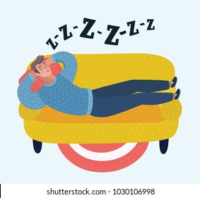 Vector cartoon man sleeping on sofa. Household series vector illustration. Snoring, snoring during sleeping. Male character on isolated background.