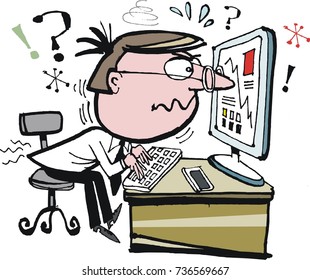 Vector Cartoon Of Man Squinting At Computer Screen.