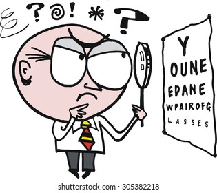 Vector cartoon of man squinting whilst looking at eye chart.