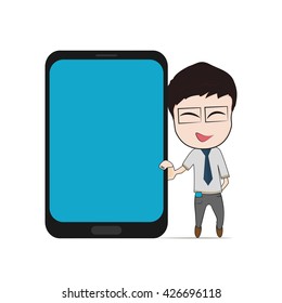 Vector cartoon man standing with mobile phone. Presentation concept 