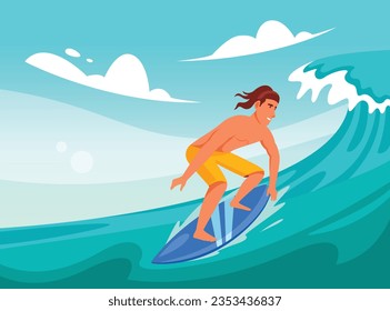 vector cartoon man surfing illustration