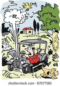 Vector cartoon of man with vintage car blowing steam from radiator.