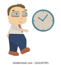 Vector Cartoon Man Walking Towards A Clock. The Concept Of This Illustration Is About Time, Deadlines, And Management In A Business Or Corporate Context. The Character Could Be A Businessman.