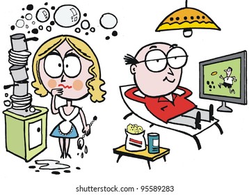 Vector cartoon of man watching television while woman washes dishes.