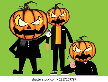 Vector Cartoon Man Wearing Pumpkin Devil Halloween.