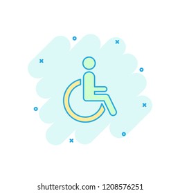 Vector cartoon man in wheelchair icon in comic style. Handicapped invalid sign illustration pictogram. People business splash effect concept.
