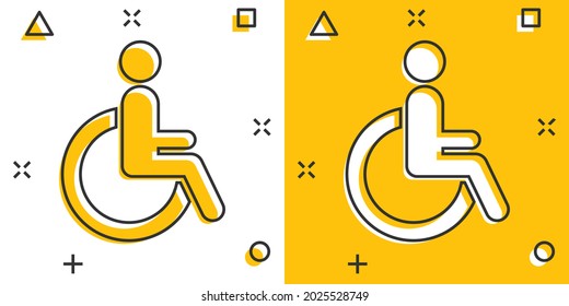 Vector cartoon man in wheelchair icon in comic style. Handicapped invalid sign illustration pictogram. People business splash effect concept.
