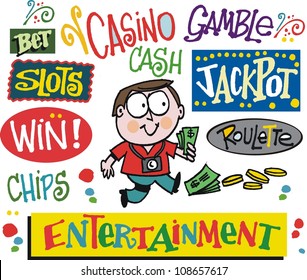 Vector cartoon of man winning money with casino signs.
