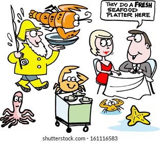 Vector cartoon of man and woman dining at seafood restaurant.