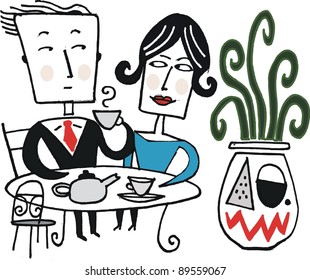 Vector cartoon of man and woman drinking tea