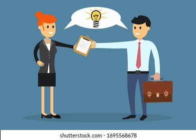 Vector cartoon man and woman exchanging with clipboard and sharing idea on blue background