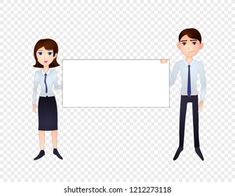 Vector Cartoon Man and Woman Holding Blank Banner, Isolated on Transparent Background Illustration.