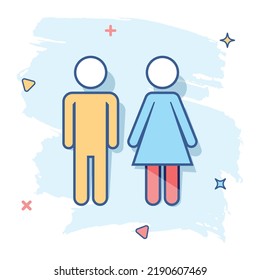 Vector Cartoon Man And Woman Icon In Comic Style. WC Sign Illustration Pictogram. Restroom Business Splash Effect Concept.