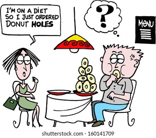 Vector cartoon of man and woman ordering donuts in restaurant.