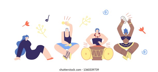 Vector Cartoon Man Woman Playing Drum, Tambourine, Castanets on Stage. African Percussion Instruments Music Illustration. Pretty Girl Listening Djembe Sitting on Floor. Festival Talent Show Marathon