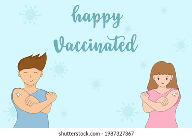 Vector  - Cartoon man and woman show arm have bandage after injection of the Vaccine. Coronavirus (Covid-19) vaccinated, Healthcare, medical concept. Can be use for advertising, banner, poster or web.