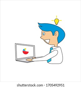 vectorial caricaturista está trabajando con una laptop