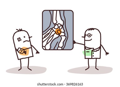 vector cartoon man with wounded hand and radiologist