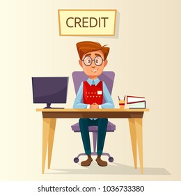 Vector cartoon manager, bank employee, clerk sitting at workplace in bank credit office. Young male business man character consultant providing mortgage money loan financial consultation