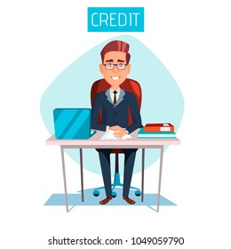 Vector cartoon manager, clerk sitting at workplace in bank credit office. Illustration with adult male business man character consultant in suit providing mortgage money loan financial consultation