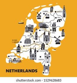 Vector cartoon map of Netherlands with main attractions and landmarks