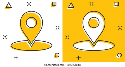 Vector cartoon map pointer icon in comic style. Gps navigation mark illustration pictogram. Pointer destination business splash effect concept.