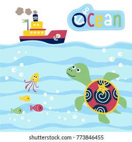 vector cartoon of marine animals with cargo ship