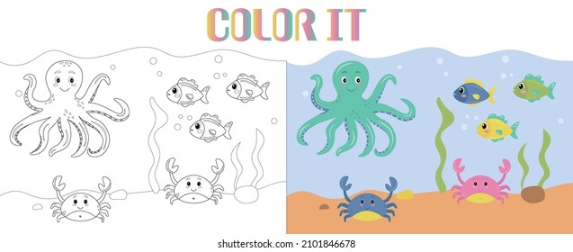 Dibujo vectorial de animales marinos, pulpos y cangrejos con peces coloridos bajo el agua. Felices sonrientes animales marinos. Libro o página de coloración para niños